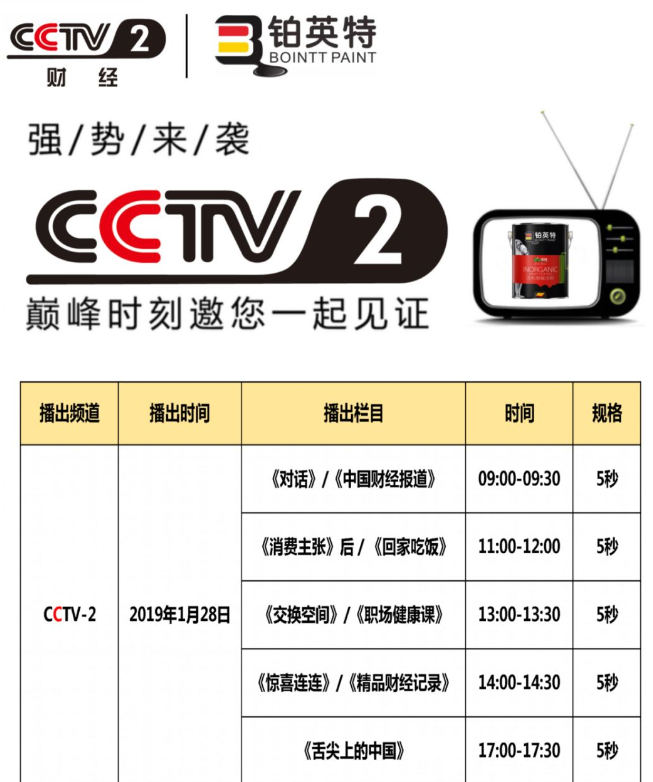 铂英特无机涂料CCTV2广告节目播放表